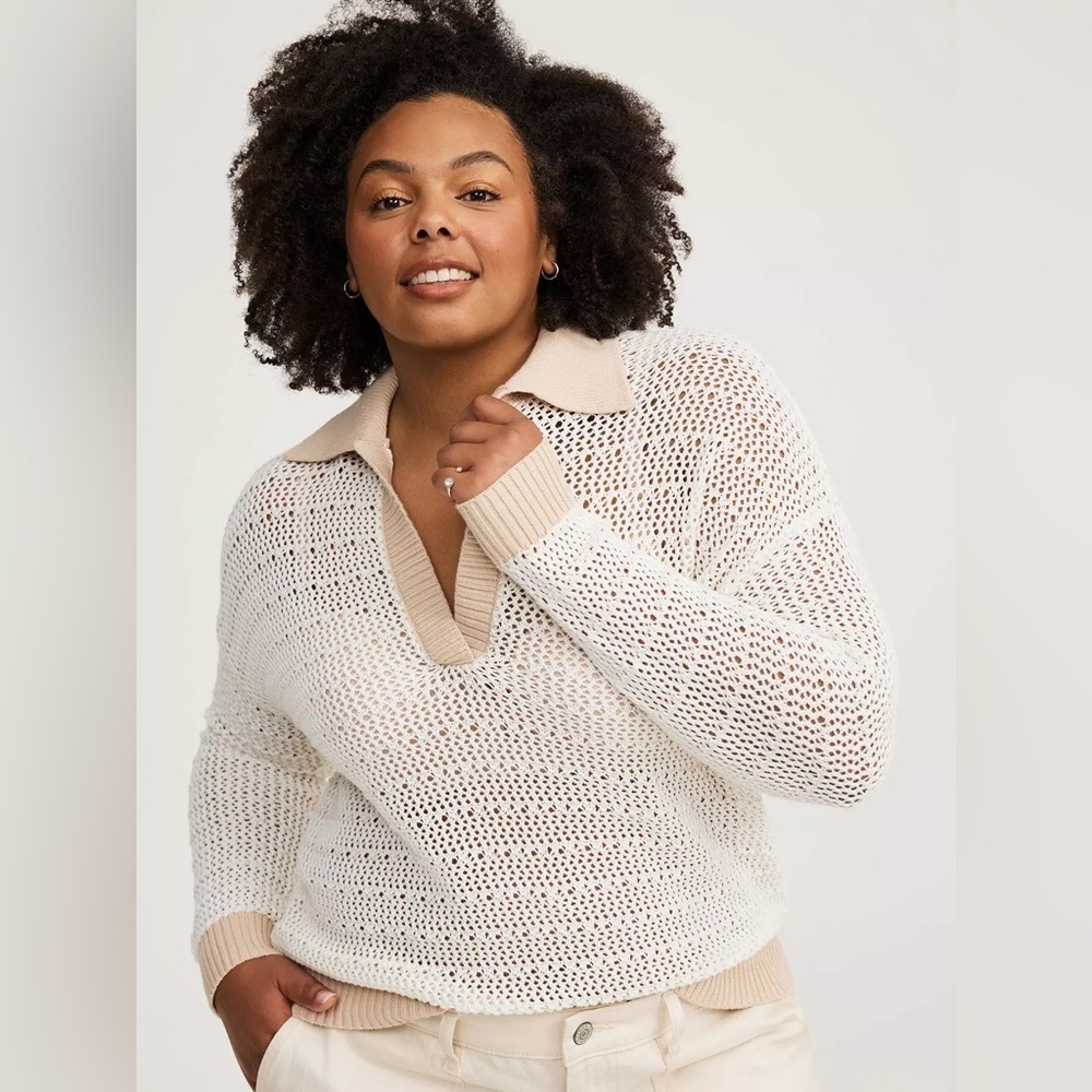 Torrid Open Knit Sweater Womens Size 3X Cream Collared Pullover Cotton Preppy